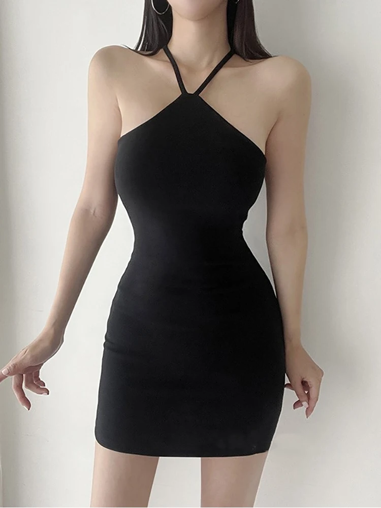 

Black Sexy Halter Dress Women Off Shoulder Korean Fashion Slim Bodycon Wrap Hip Mini Dresses Vestido Feminino Womens Clothes