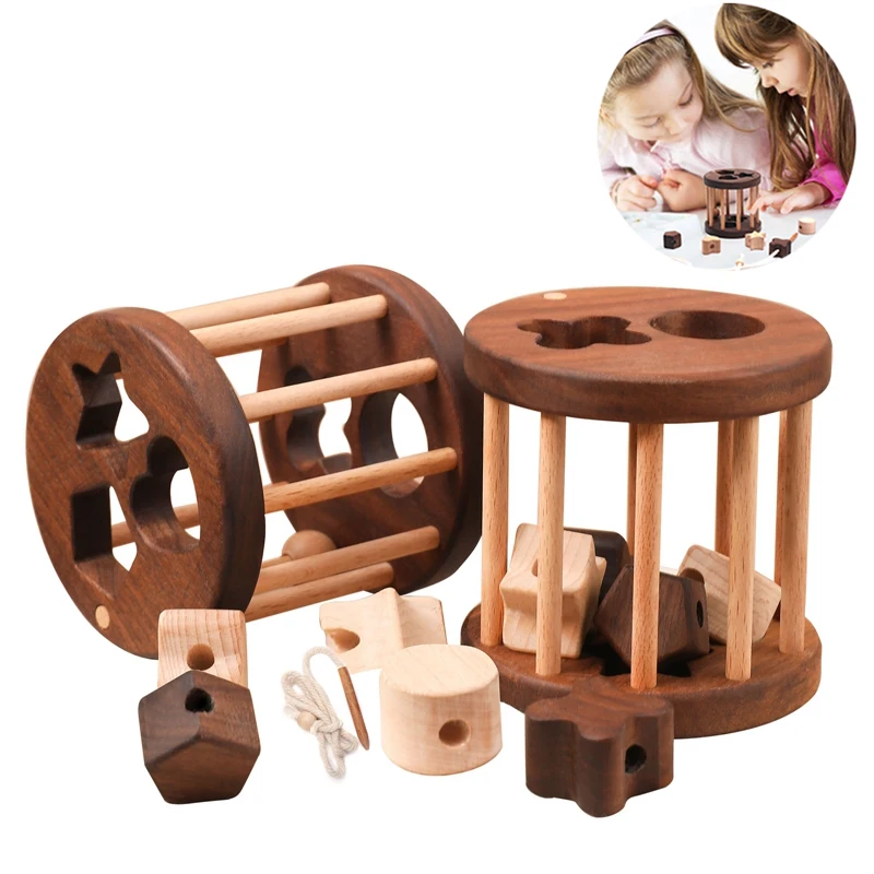 

Wooden Geometric Shapes Montessori Threading Wooden Toy Cognitive Toys Early Educational Game Baby Toddler Toys for Children