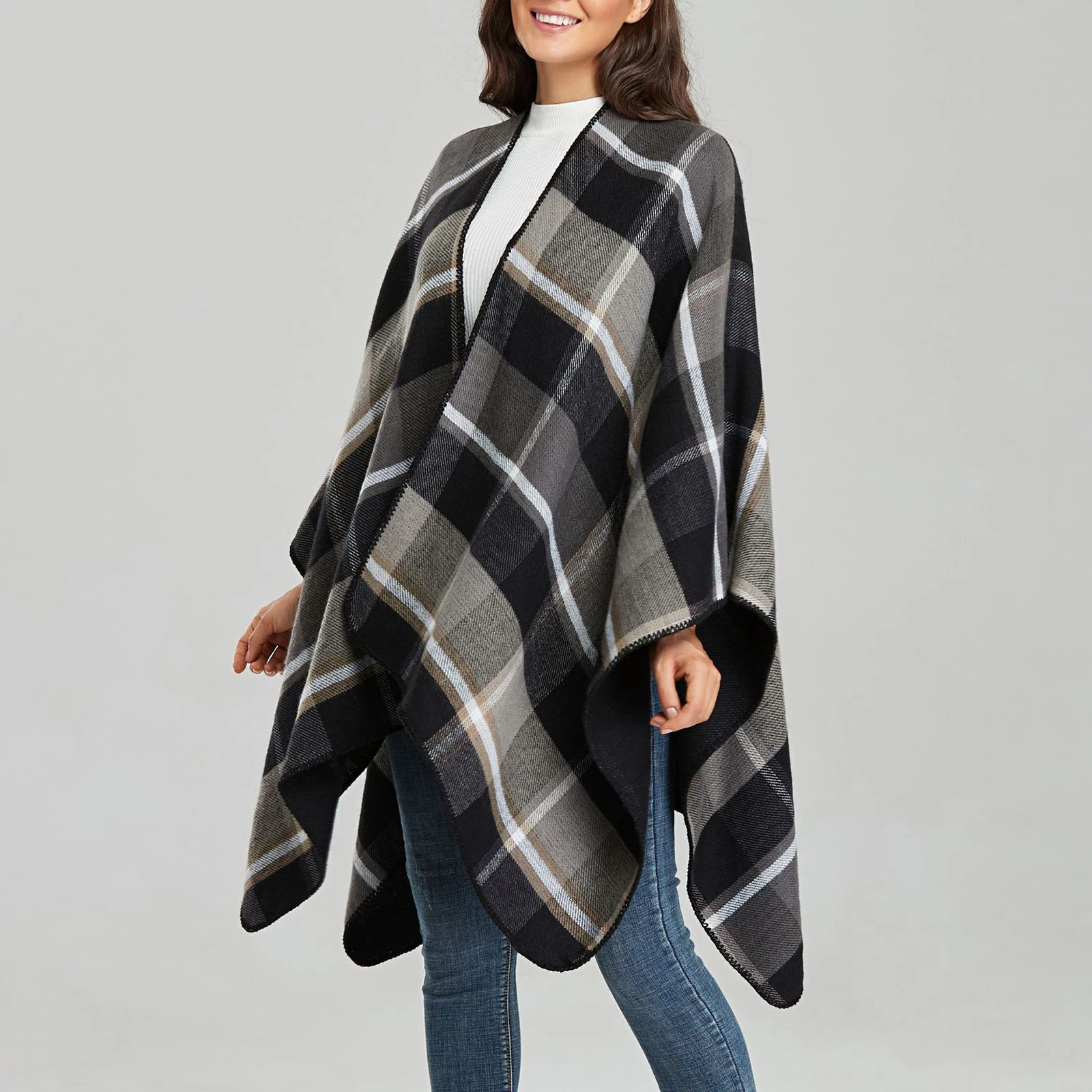 

Classic Plaid Poncho for Women Oversized Winter Warm Blanket Wraps Open Front Cardigans Shawl for Fall Winter