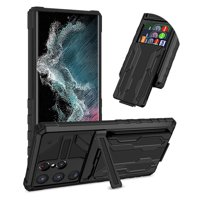 

Z-SHOW Armor Card Pocket Case For Samsung Galaxy S23 Ultra S23+ Plus Bracket TPU Soft Edge Shockproof PC Hard Shell Cover Case