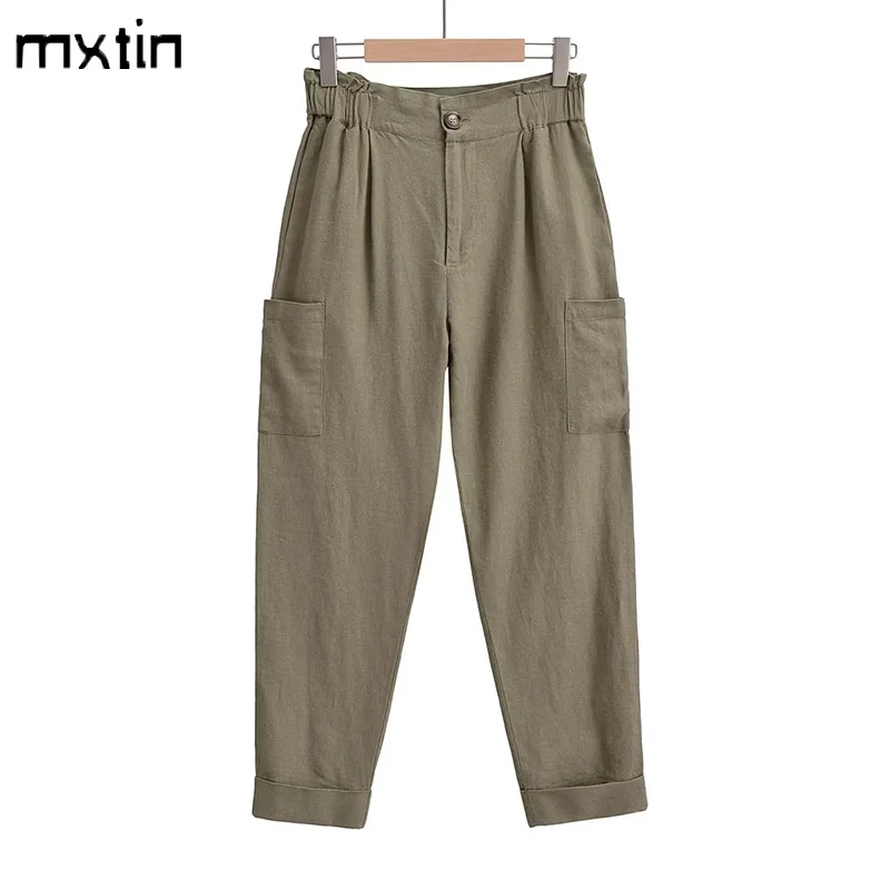 

Брюки женские льняные однотонные с высокой талией, Модные Винтажные свободные офисные повседневные шикарные штаны с боковыми карманами