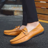 men casual leather shoes men leather shoes genuine leather solid color round shape waterproof and non slip flat men flat shoes