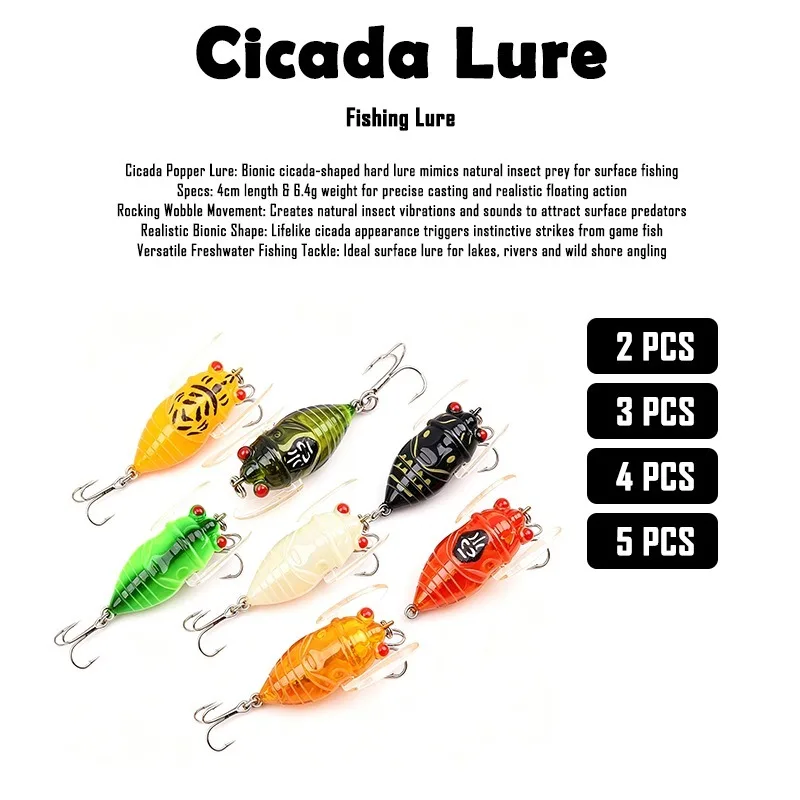 Фото Набор из 2/3/4/5 шт. бионических приманок Cicada Popper, 4 см/6,4 г, микро-приманка для ловли минноу, чаба, култера в ручьях и на мелководье