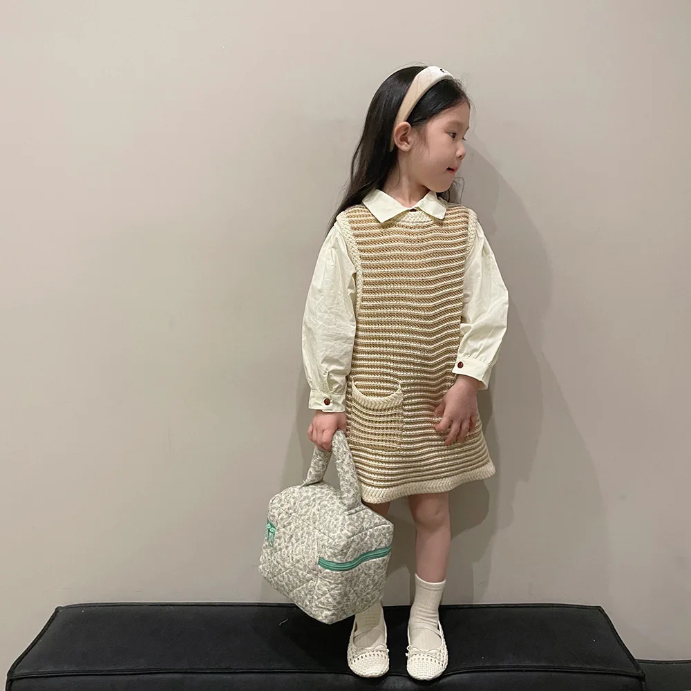 

Трикотажное платье-майка для маленьких девочек нежное платье принцессы без рукавов с двойными карманами однотонная блузка с отложным воро...