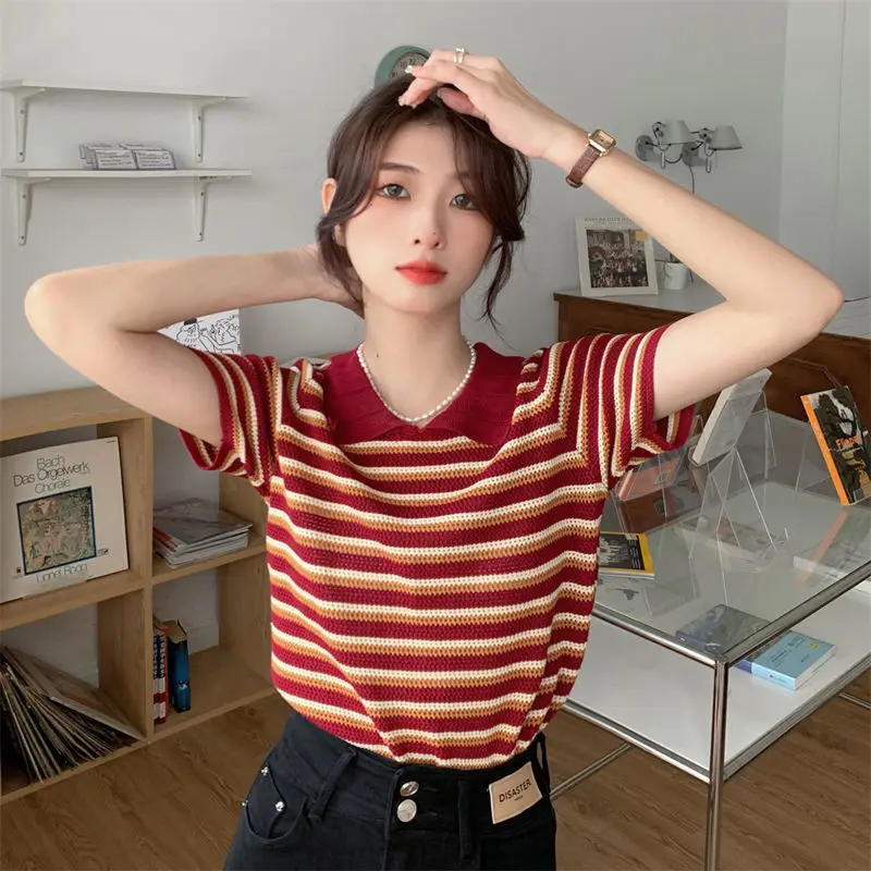 

DAYIFUN, вязаные пуловеры в гонконгском ретро-стиле, женские свитеры в красную полоску с отворотом и коротким рукавом, женские милые тонкие корейские летние топы