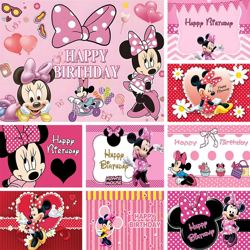 

Disney Minnie Mouse Photography Backdrop Happy 1st Birthday Party Pink Bow Decor For Girl Baby Banner Lovely Custom Background