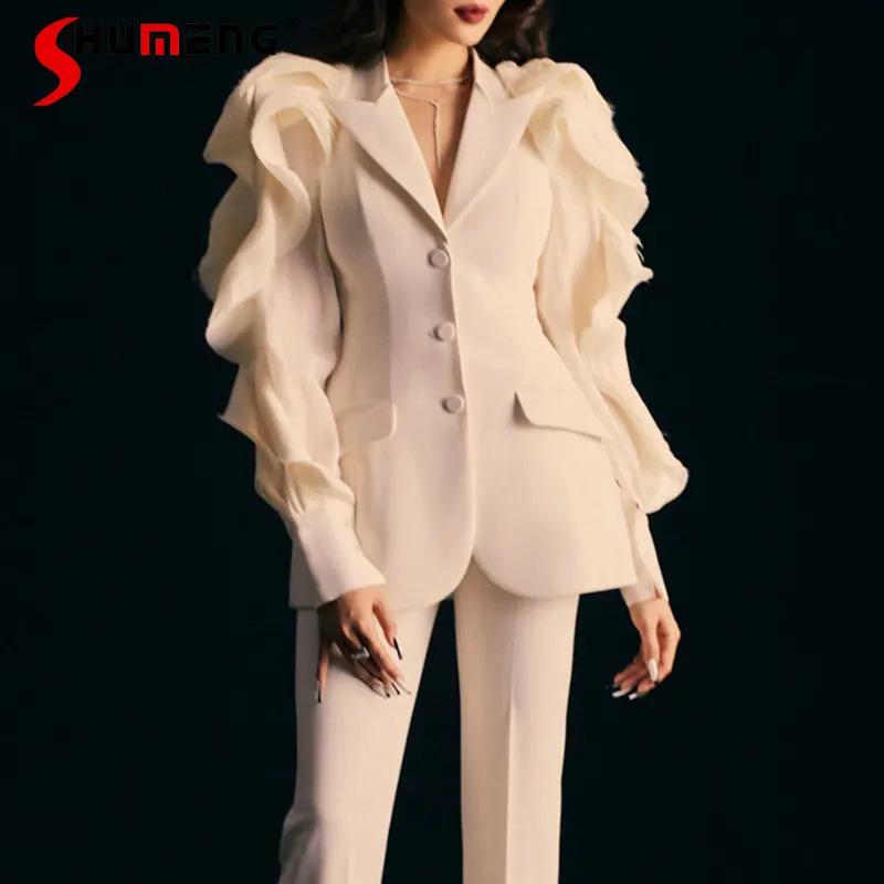 Design Mesh Patchwork Ruffled Long Sleeve Single-Breasted Women's Suit Jacket 2023 Spring Autumn New Fashion Blazer Coat