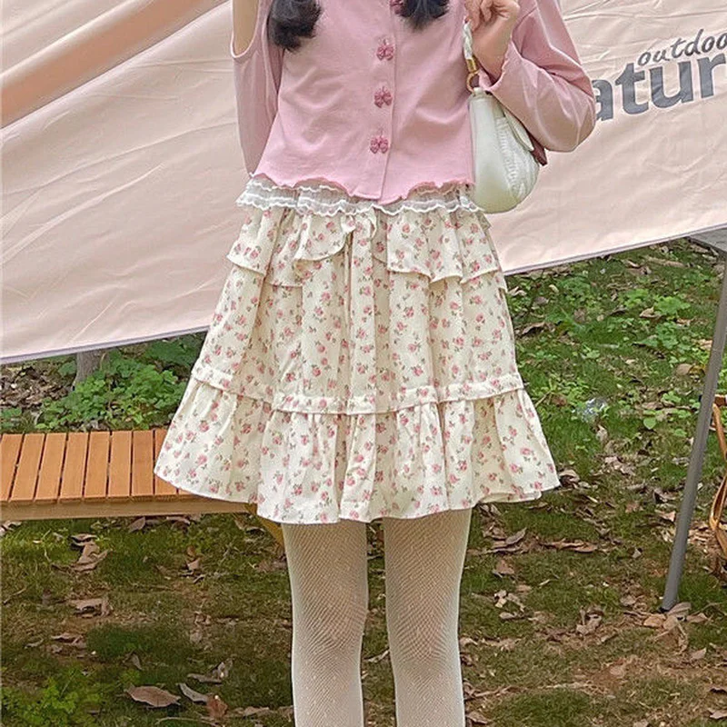 

Girl Cute Floral Mini Skirts Women Kawaii Ruffle Patchwork High Waisted Skirt Fairycore Soft Girl Korean Fashion Preppy Style