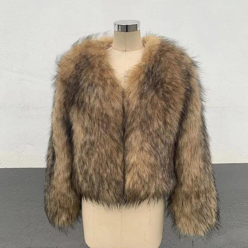 FANPUGUIZHEN Faux Raccoon Silver Fox Fur Coat Plus Size Clothes Natural Winter Women V Neck Warm Thick New Style Jacket