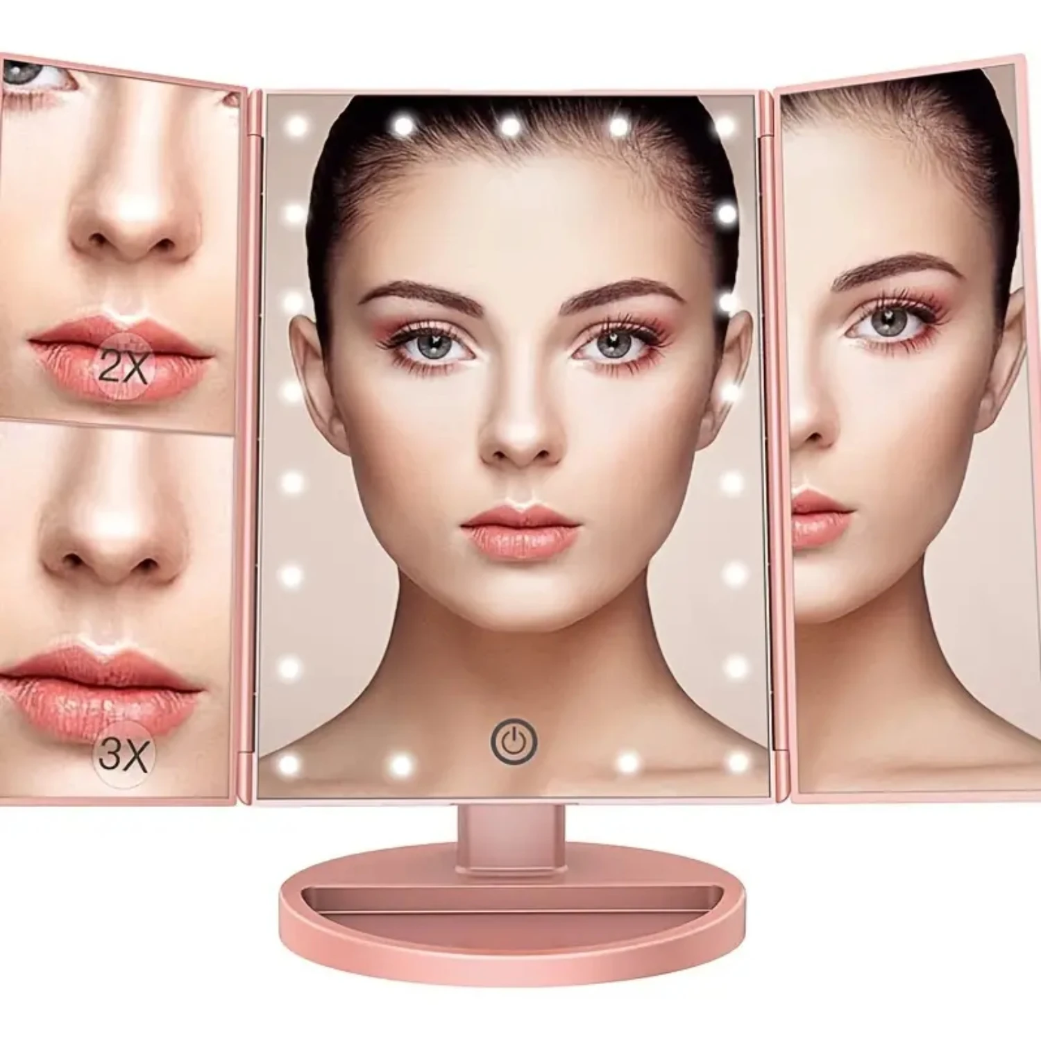 Портативное тройное косметическое зеркало с подсветкой и 3x/2x/1x увеличением
