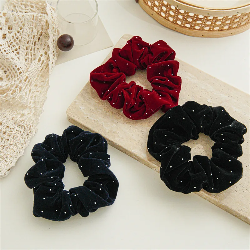 

Winter Cloth Velvet Color Small White Dot Large Scrunchy Elastic Hair Band For Woman Cute Simple Elegant Ponytail Rubber Ties