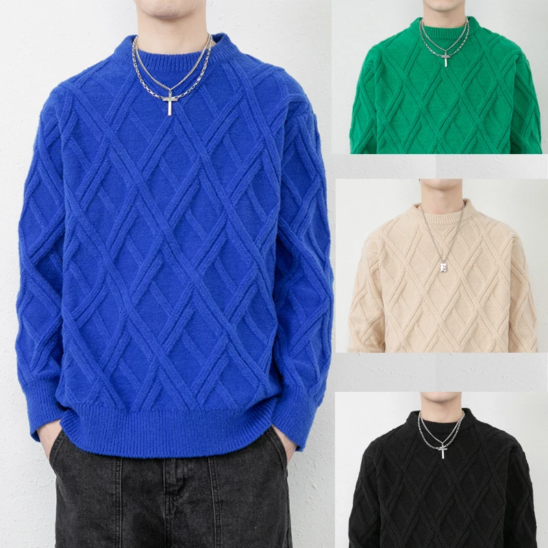 

Autumn and Winter New Men's Casual Twisted Sweater Thickened Pullover Round Neck Dropped Shoulder Sleeves Rhombus Bottoming Tops