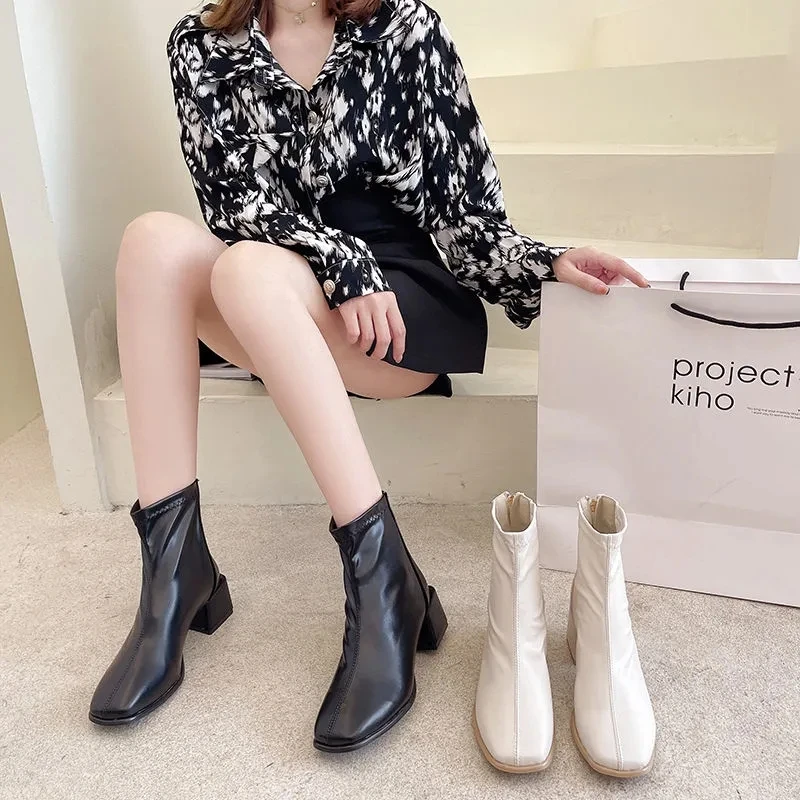 

Spring Women's Boots French Short Boots Thin Boots Thick Heels Versatile Square Head Middle Heels Simple Versatile Women's Shoes