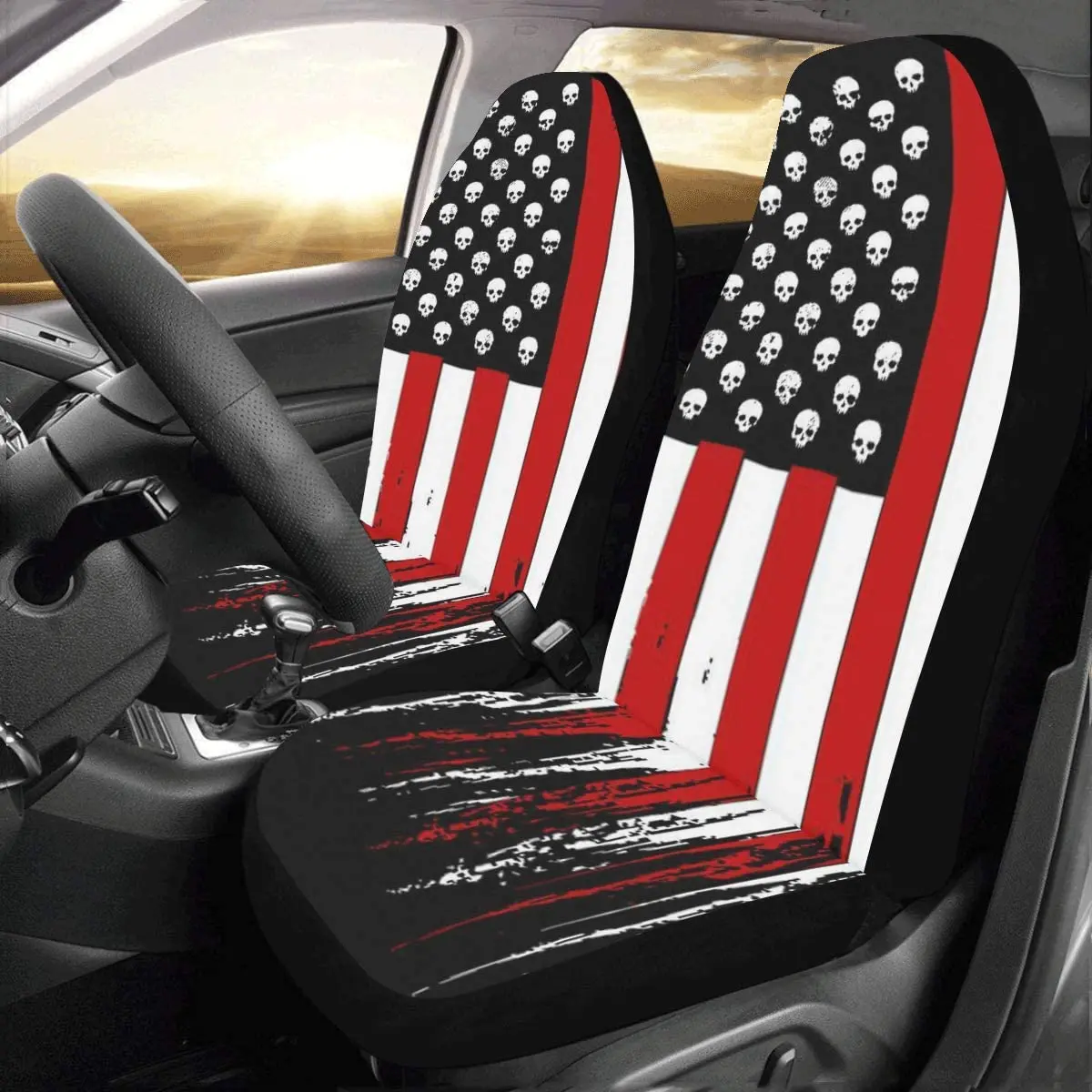 

Fit Custom Skull American Flag Front Car Seat Covers Set of 2Vehicle Seat Protector Car Mat Covers -100% Breathable