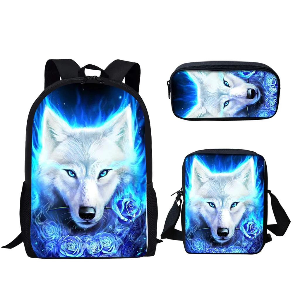 Belidome Casual 3Set School Bag Blue Rose Wolf Print Lightweight Backpack for Teen Boys Girls Travel Bookbag Back to School