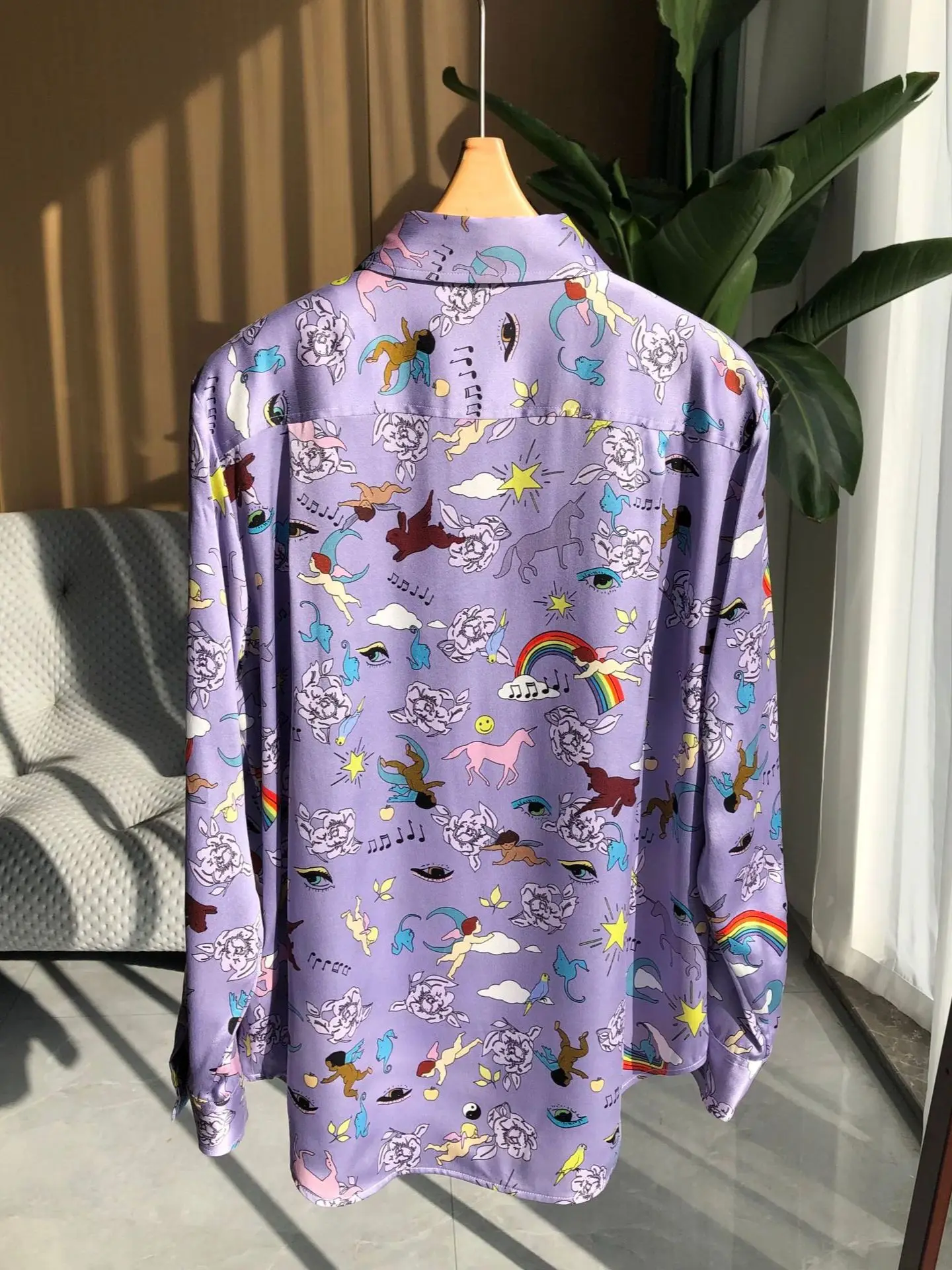 Женская блузка с длинным рукавом из 100% шелка радужным принтом ангела Мягкая