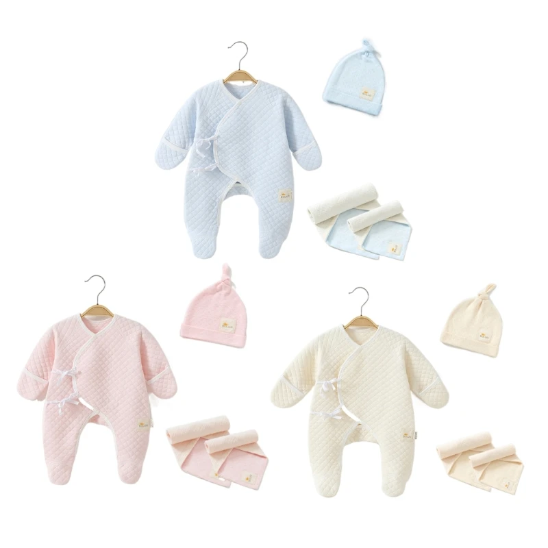 

Newborn Gift Set Cotton Hat Baby Towel Footed Jumpsuit Baby Girls Boys Gender Neutral Beanie Infant Shower Gift Box 4pcs