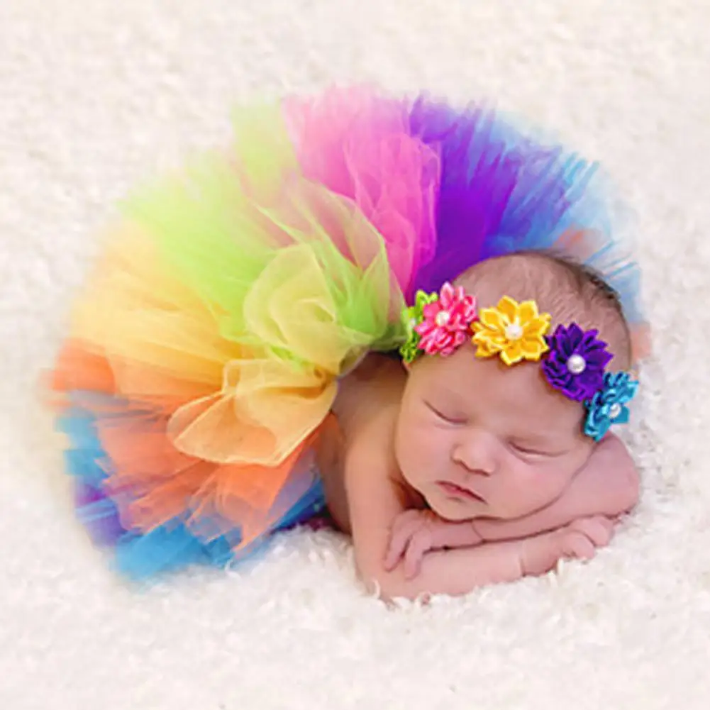 

Newborn Baby Photography Props Skirt Rainbow Fotografia Photo Props Clothes Sets with Hairband Multicolor Infant Tutu Dress