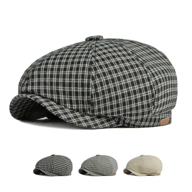 

Men Newsboy Cap Retro British Style Octagonal Flat Caps Vintage Breathable Plaid Berets New Artist Hat for Women