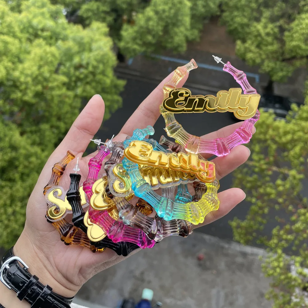 3UMeter Colorful Gradient Custom Name Hoop Earrings Women Acrylic Personalized Nameplate Holiday Seaside Earrings Gift