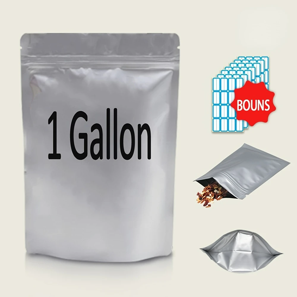 

50/100pcs Aluminum Mylar Bag With Labels For Long Term Food Storage, Resealable Heat Sealable Stand Up Light Proof Water Proof S