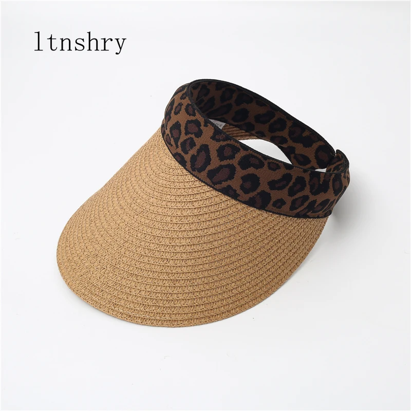 

2022 Summer Women Breathable Straw Leopard Sun Hats Topless Empty Sun Visor Cap hat Adjustable Nature Beach Trip Cap