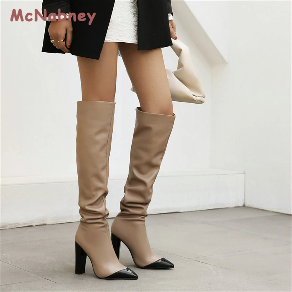 Women's Knee High Boots Winter Fashion Leopard Chunky Heels Pointed-Toe High Boots Female Luxury Mixed Color Slip-On Long Boots