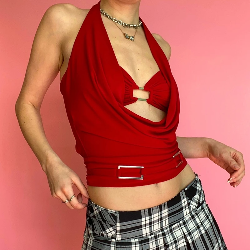 

Женский укороченный топ с лямкой на шее, модный сексуальный облегающий Топ без рукавов и с открытой спиной, мини-жилет, Клубная одежда для ве...