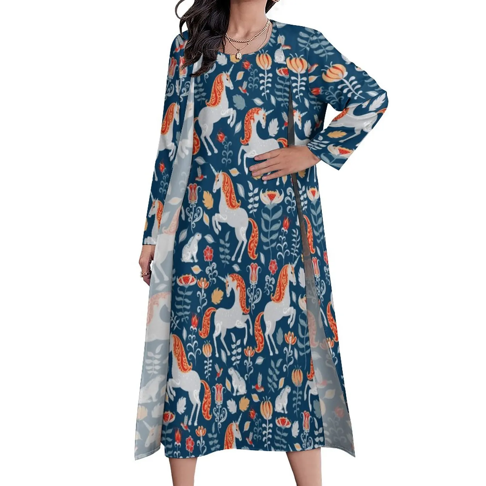 

Cartoon Horse Dress Unicorns Rabbits Birds Flowers Print Kawaii Maxi Dress Streetwear Casual Long Dresses Oversized Clothing