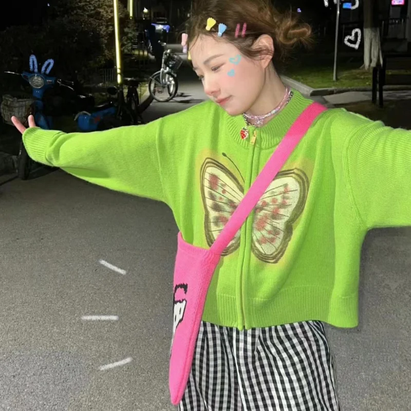 

Spring Loose Y2K Long Sleeve Cardigan Women Vintage Butterfly Knitted Coats Zipper O Neck Sweaters Tops Sueter Harajuku Street