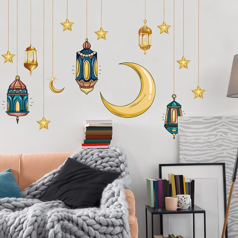 

Наклейка на окно Eid Mubarak, наклейка на окно в виде полумесяца, звезды, фонаря, мусульманских лампочек, декор Рамадан, кареем, наклейки в виде Луны и адхи