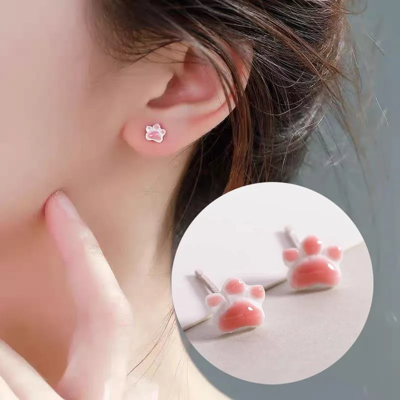 

Siver Plated Pink Cat Claw Ceramic Ear Earrings Cute Small Female Suitable for Wmen Earrings Exquisite
