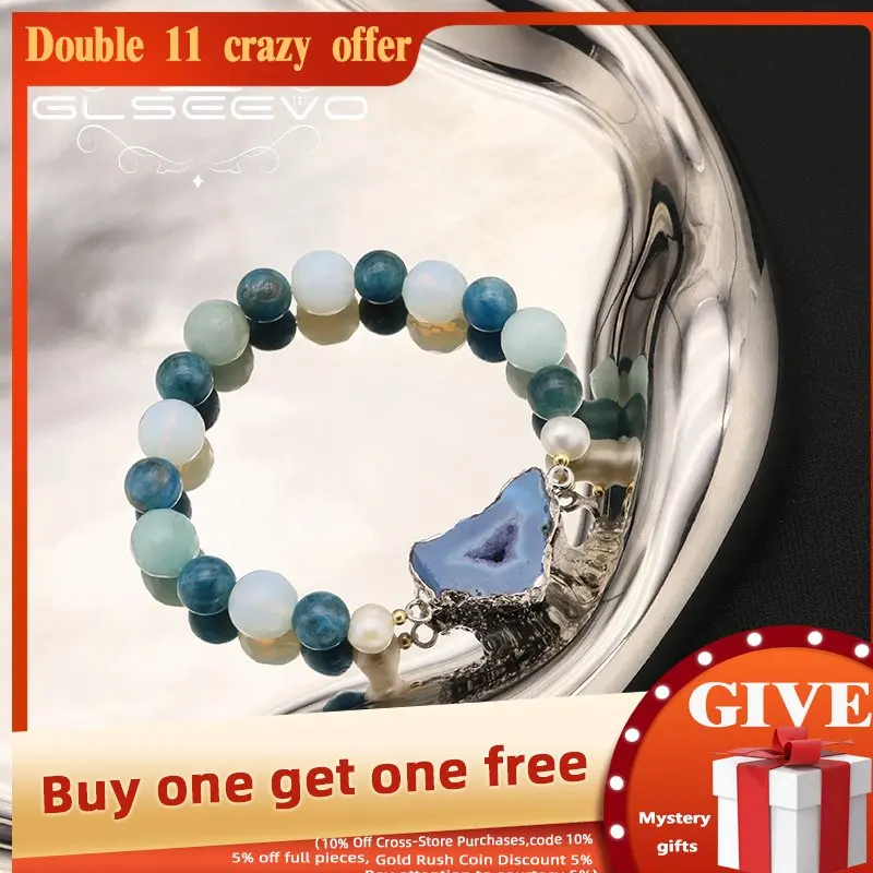 

GLSEEVO Sea Blue Crystal Natural Pearls Women's Bracelets Romantic Charm Retro Bohemia Fashion Jewelry Party Girlfriend Gifts