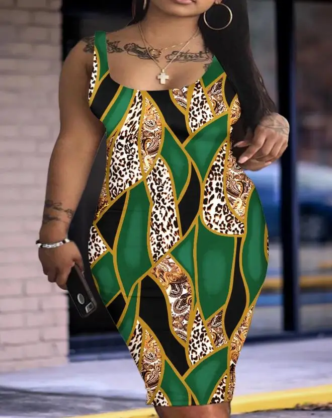 

Sexy Mini Dresses Summer European & American Fashion Women's Skinny Baroque Leopard Print Sleeveless Bodycon Dress