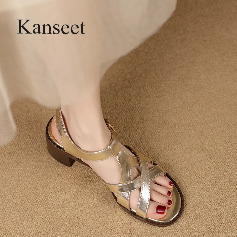 

Kanseet New Shoes Women Fashion Open-Toed Genuine Leather Sandals 2023 Summer Handmade Buckle Strap 5cm Mid Heels Sandal Gold 40