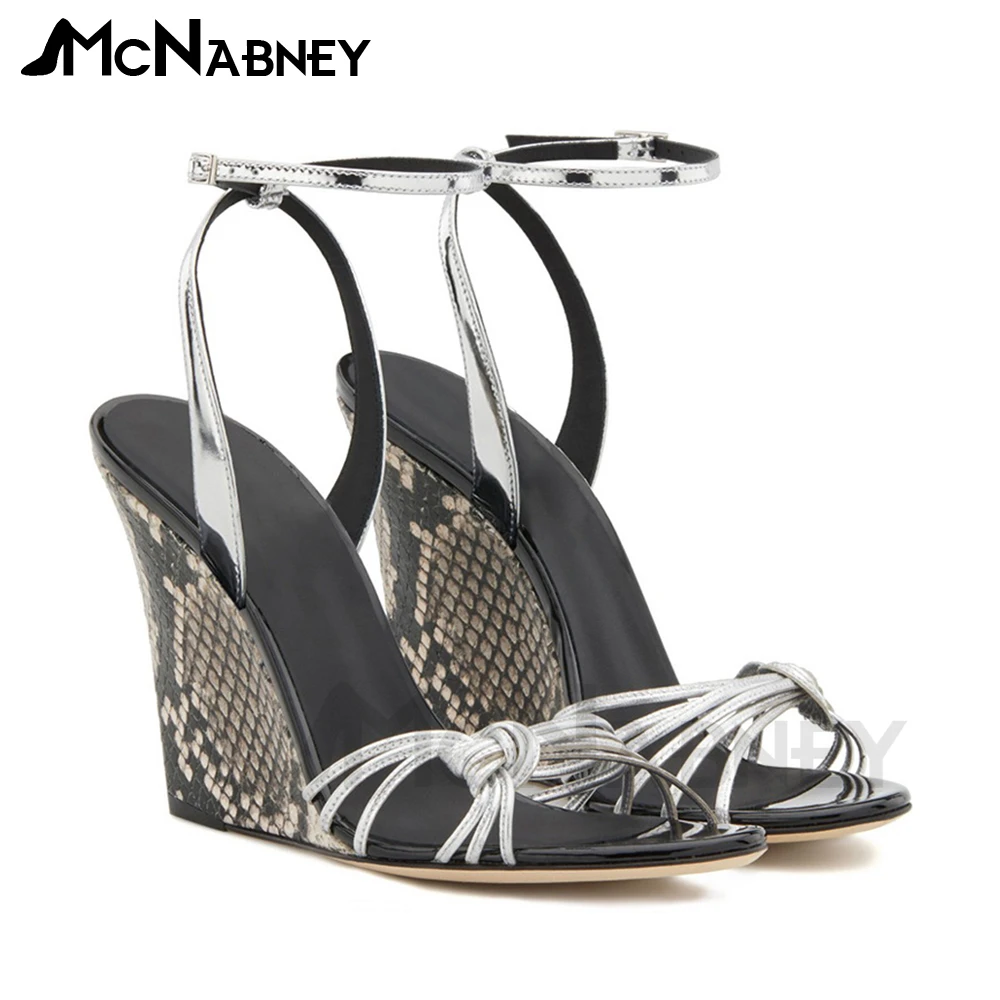 

Snake Wedges Leather Strap Kink Sandals Round Toe Buckle Summer Shoes for Women Fashion Style Comfortable High Heels New In Sale
