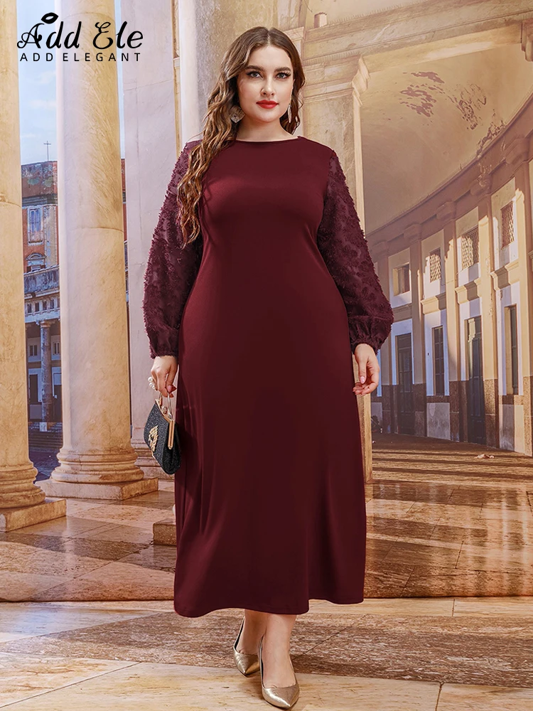 Add Elegant Plus Size Dress Women 2022 Autumn Gentle Lace Casual Gauze Design O-Neck Long Lantern Sleeve Loose Clothing B910