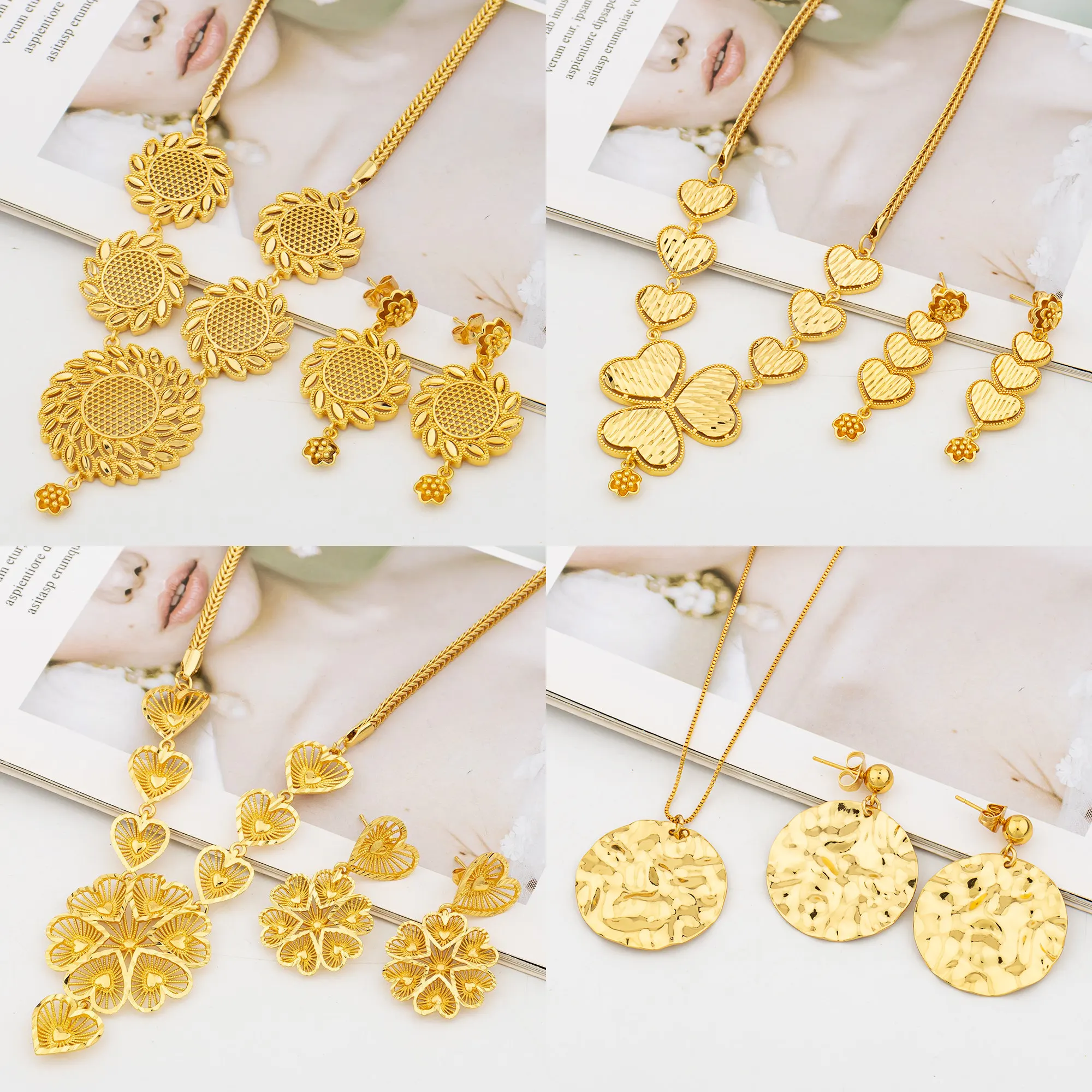 

Nigeria Dubai Gold Color Flowers Jewelry Sets African Wedding Gifts Party For Women Design Necklace Earrings Bohemia Jewellery