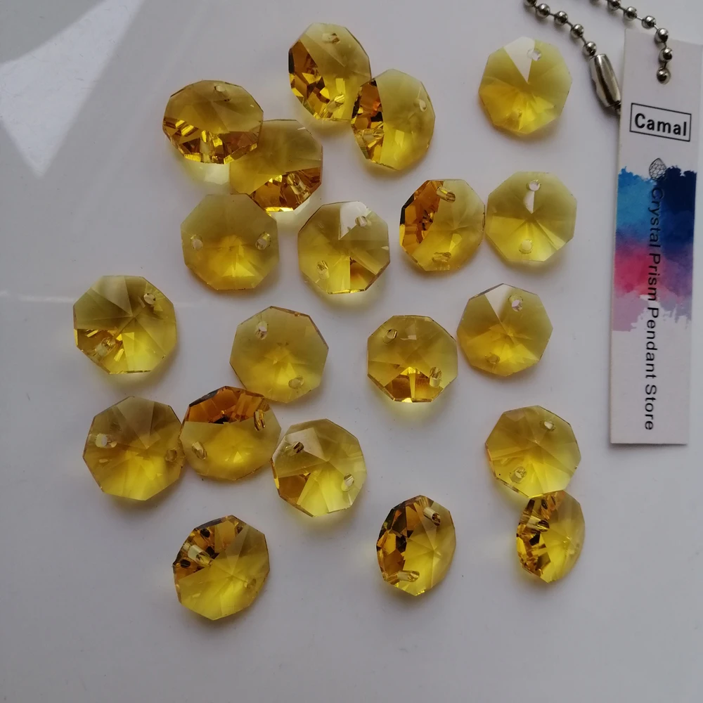 Camal 20pcs Gold Yellow 14mm Crystal Octagonal Loose Bead Two Holes Prisms Chandelier Lamp Parts Wedding Centerpiece Hanging