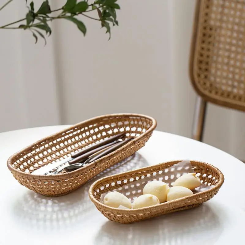 

Solid Storage Basket Rattan Woven Ventilated Breakfast Display Box Bread Baskets Chopsticks Storage Basket Food Storage Tray