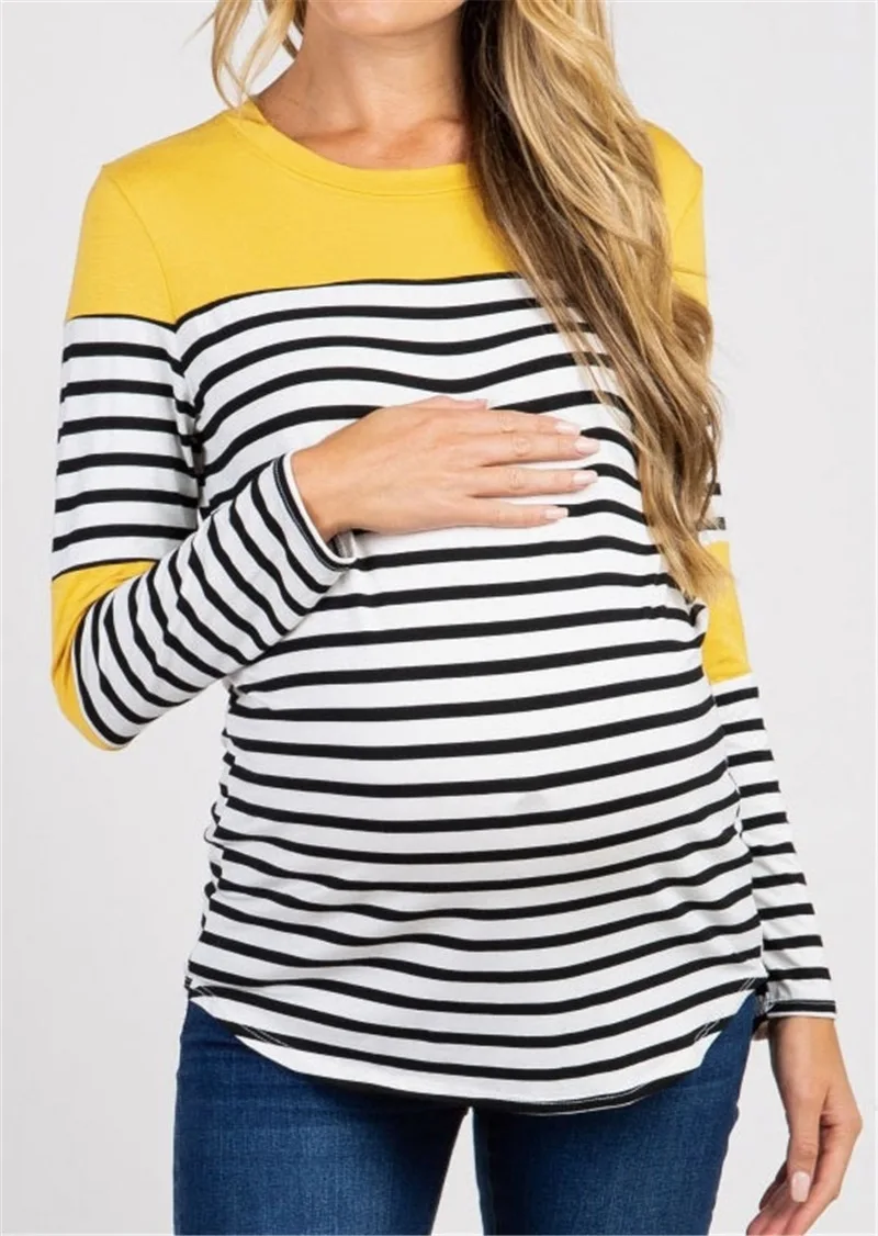 Cotton Nursing T-shirt Block Round Neck Soft Maternity Long Sleeve Top for Breastfeeding Pregnancy Clothes with Pocket Blouse