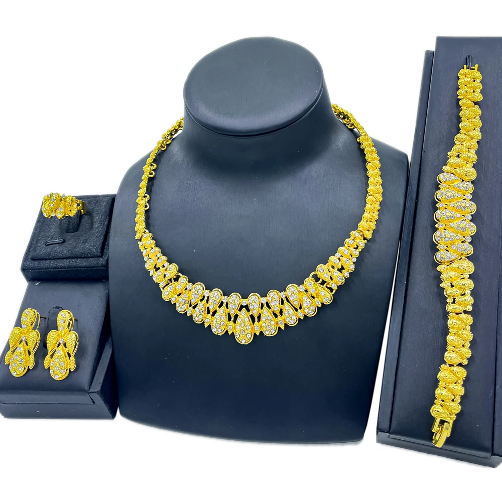

Dubai Fashion Jewelry Sets Water Drop Necklace Bracelet for Women Wedding Accessories Crystal Earrings Ring Bridal Gifts