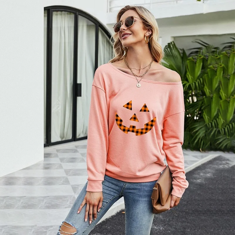 

Women Wild Casual Long Sleeve Halloween Printed Tops Sexy Oblique Collar Sweatshirt 2021 Fall Winter New Loose Fashion Pullover