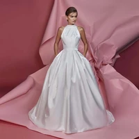 designer halter white bright satin wedding gowns vestidos de novia a line sleevless sweep train long bridal dress with pocket