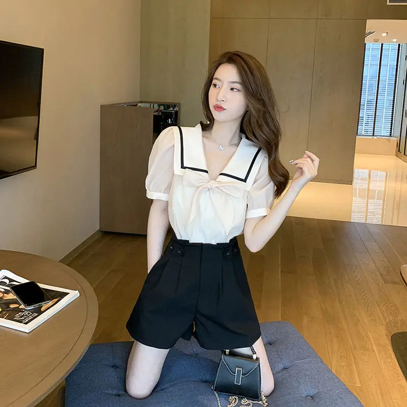 

2023 New Summer Women Fashion Casual Suits Short Sleeve Shirt Tops + High Waist Short Loose Pant 2 Piece Set Clothes D17