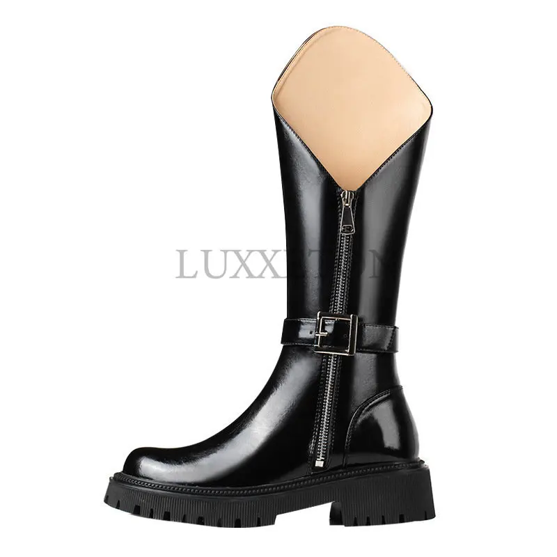 Women Knee High Boots Fashion Platform Buckle Strap Female Long Boot Ladies Soild Retro Side Zip Modern Mid-Calf Boot New
