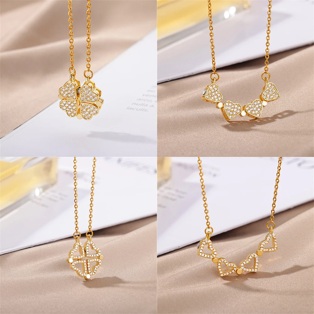 

Creative Magnetic Folding Heart Shaped Four Leaf Clover Pendant Necklace Women Love Clavicle Chain Gifts Openable Choker Jewelry