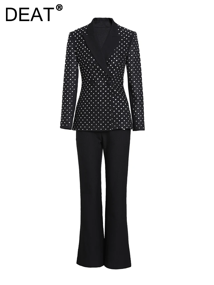

DEAT Fashion Women's 2 Pcs Set Diamond Notched Collar Single Button Blazers Full Length Flare Pants Suit Summer 2023 New 17A9131