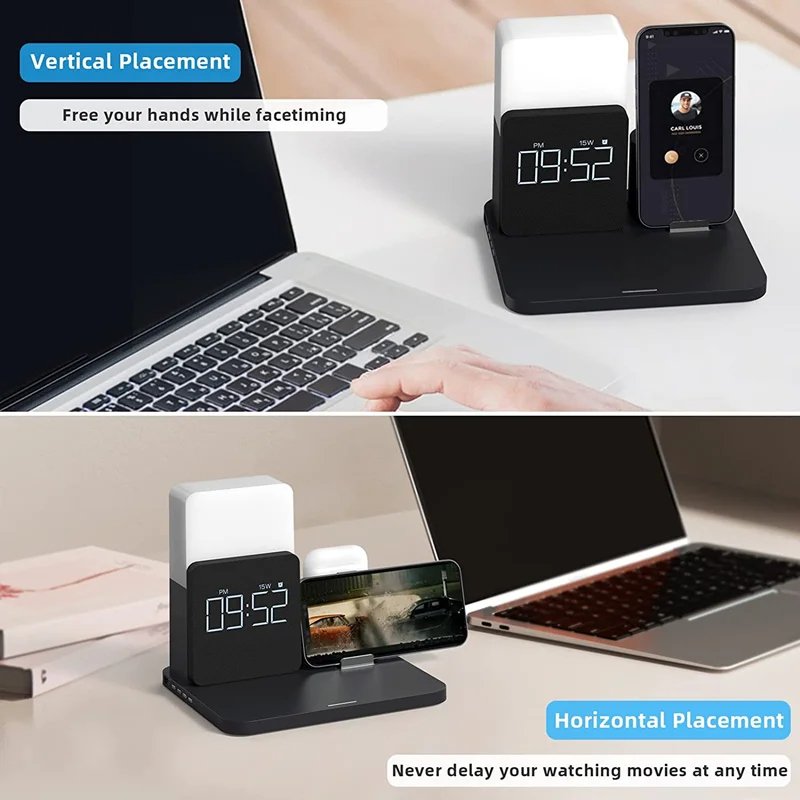 Новая зарядная станция 4 в 1 цифровой будильник ночник для iPhone 13 Samsung IWatch с