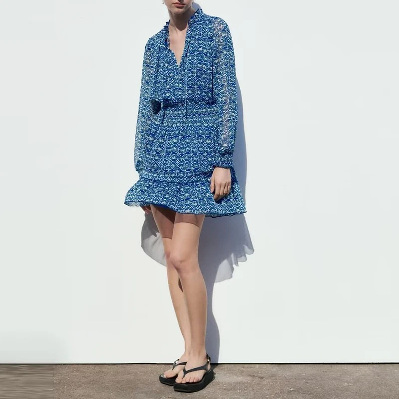 

Printed Dress Women 2023 Summer Mini Dress Round Neck Hollow Lace Fold Elastic Waist Layered Long Sleeve Casual Dresses